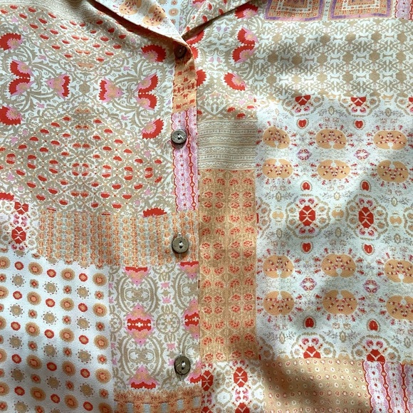 Rose & Olive orange & Tan Patchwork Print Crop ButtonUp Blouse Top Size Medium - Picture 9 of 9